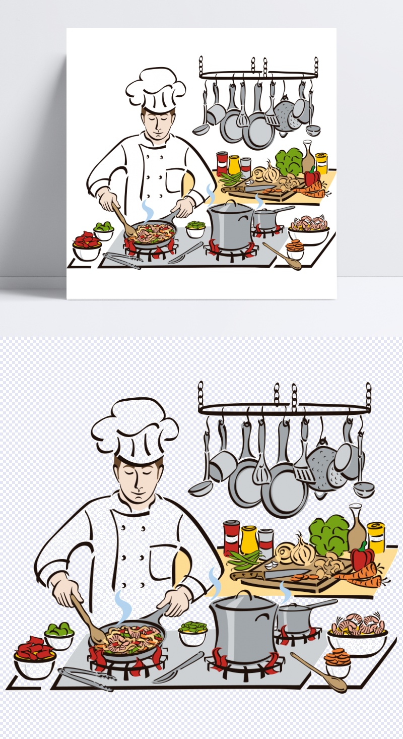 卡通人物厨师做菜场景