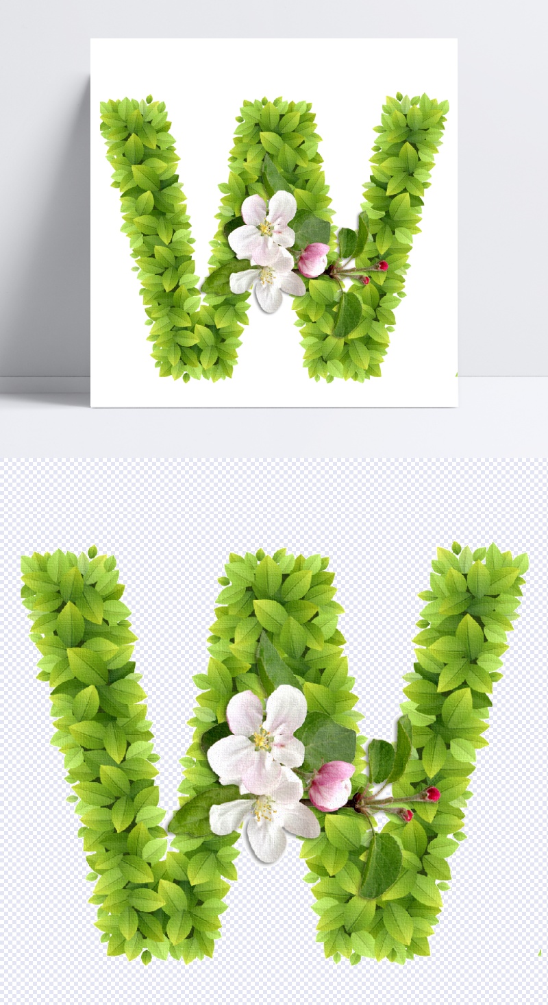 春意盎然的绿叶花卉字母W