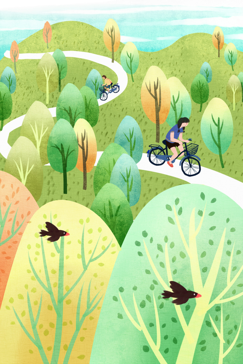 漫步时光骑自行车插画PSD图片