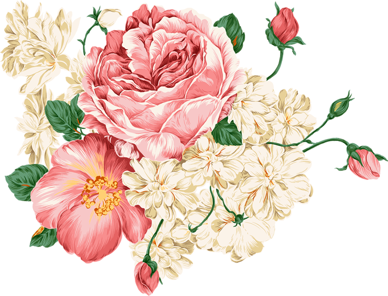 手绘水粉画粉红色玫瑰花牡丹花白色的牡丹花