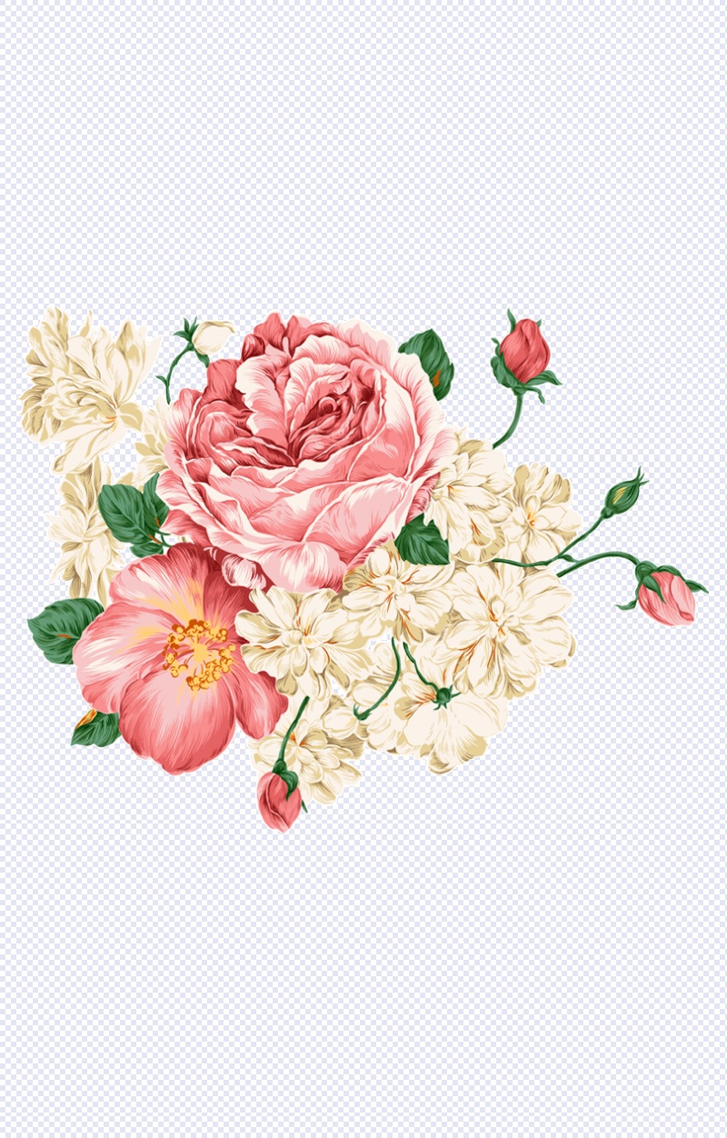 手绘水粉画粉红色玫瑰花牡丹花白色的牡丹花