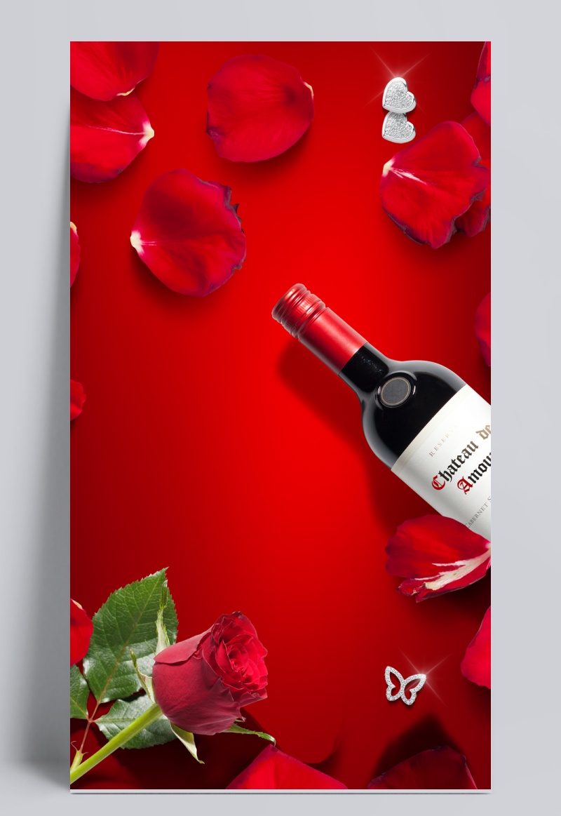 红色浪漫情人节玫瑰花花朵花瓣红酒背景