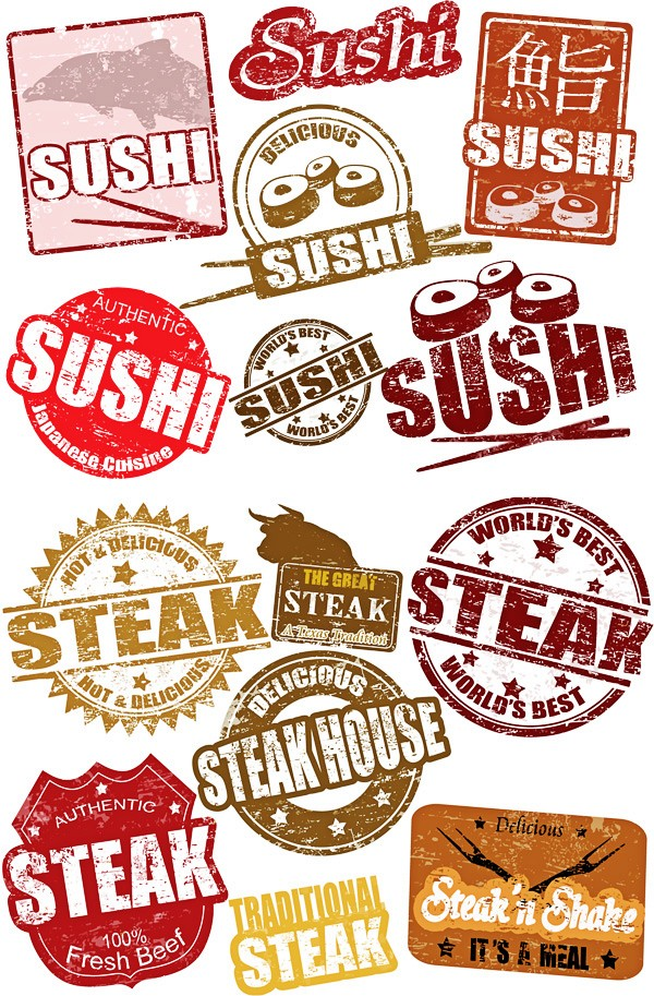 寿司和牛排贴纸标志矢量素材