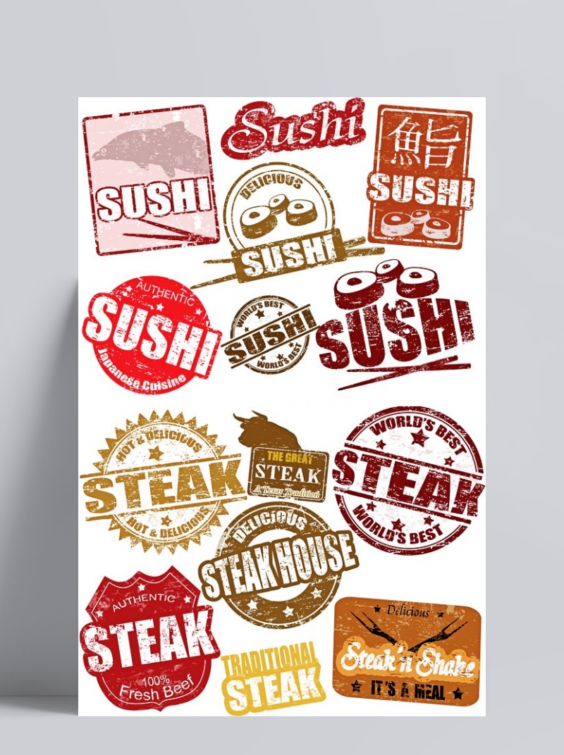 寿司和牛排贴纸标志矢量素材