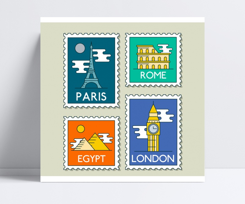 创意世界旅行邮票矢量素材