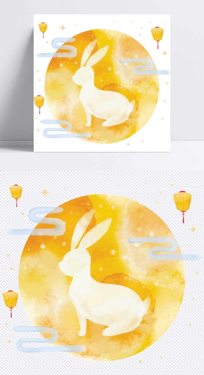 中秋节月亮兔子海报,水彩手,画兔子和月亮png剪贴画水彩画,水彩叶图片