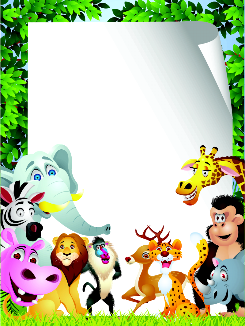 丛林动物世界空白卷边纸张矢量动物插画
