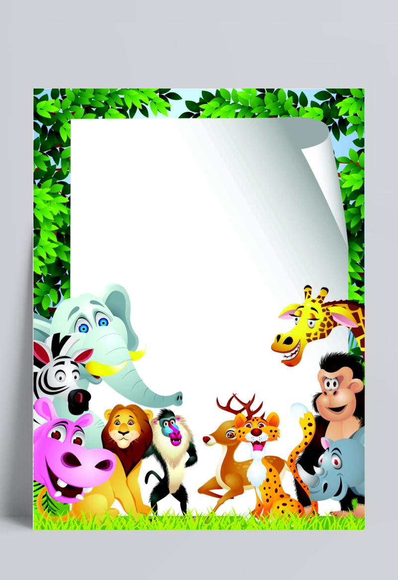 丛林动物世界空白卷边纸张矢量动物插画