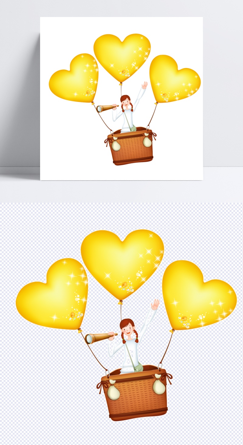 卡通可爱女孩坐热气球飞行