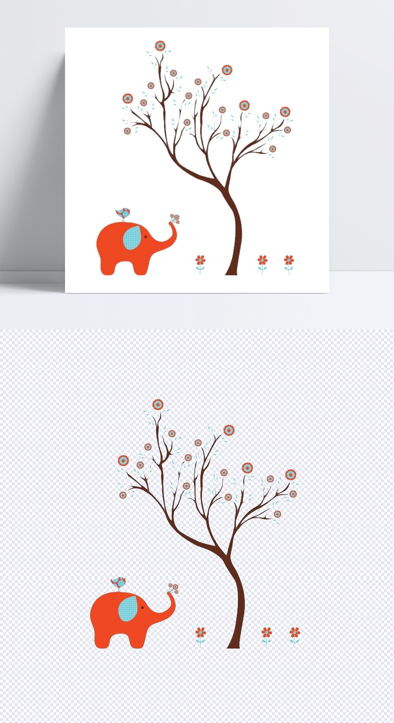 手绘素材卡通素材 卡通小象树木