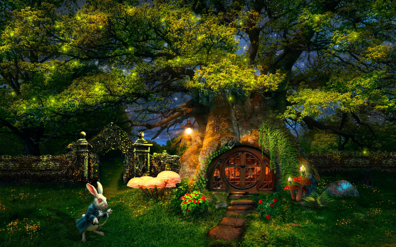 森林木屋茂盛树叶兔子