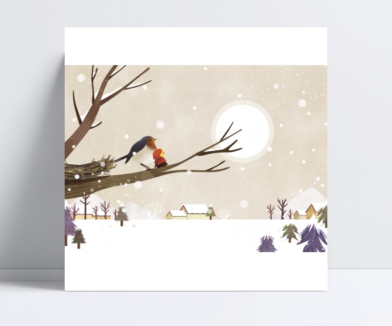冬季童话雪景枝头的鸟ps插画素材