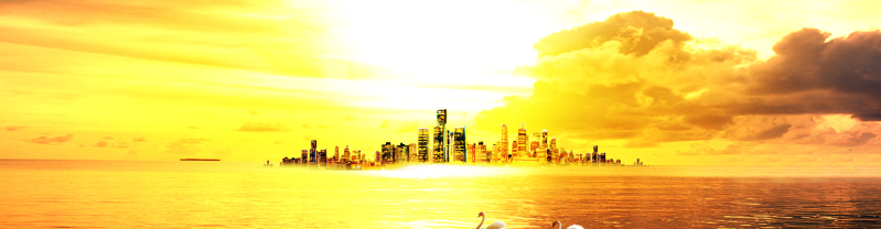 阳光余晖下的城市海水横幅图片
