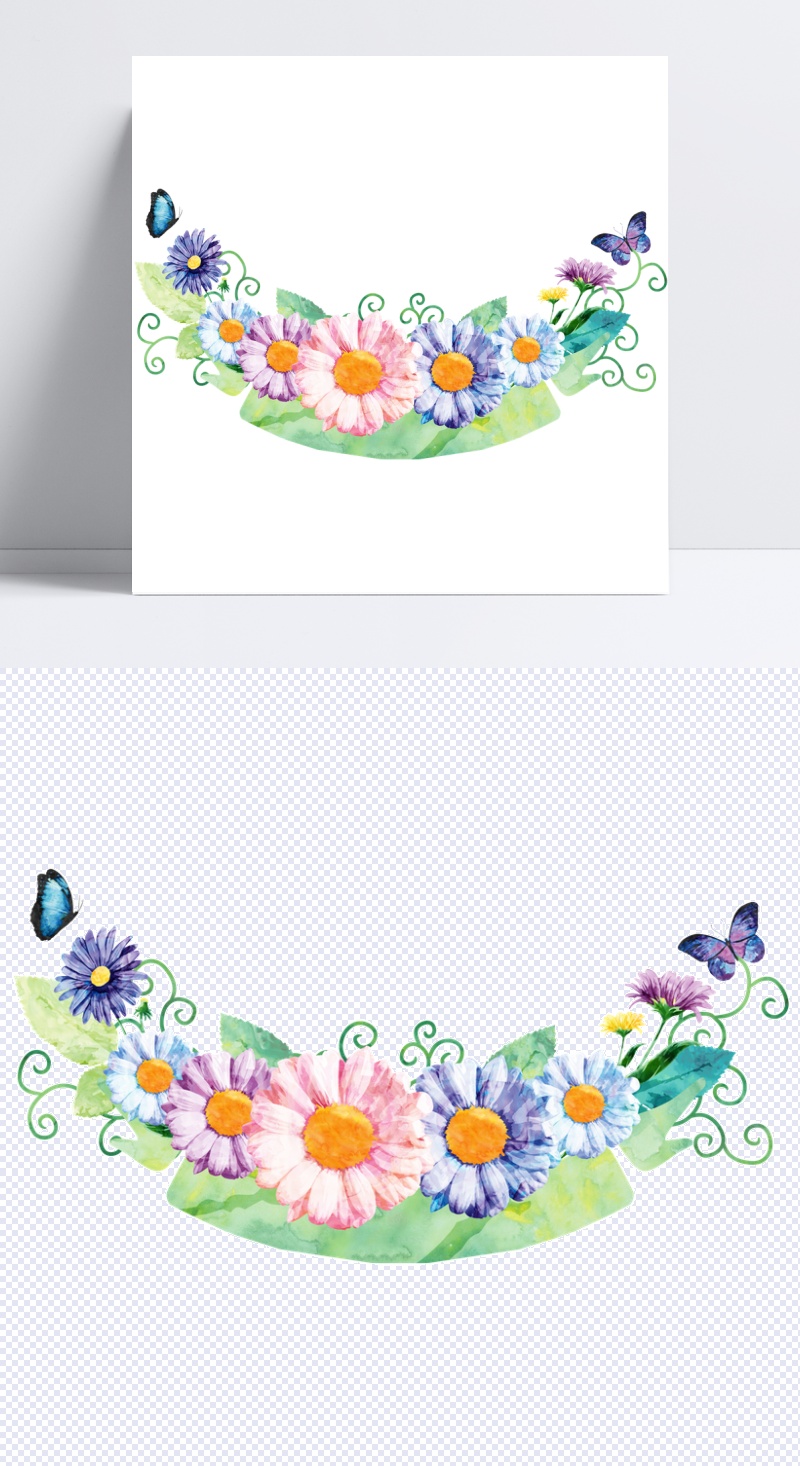 多色菊花花朵叶子边框装饰素材