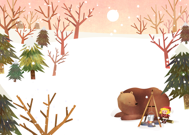 冬季童话雪景熊与小女孩ps插画素材