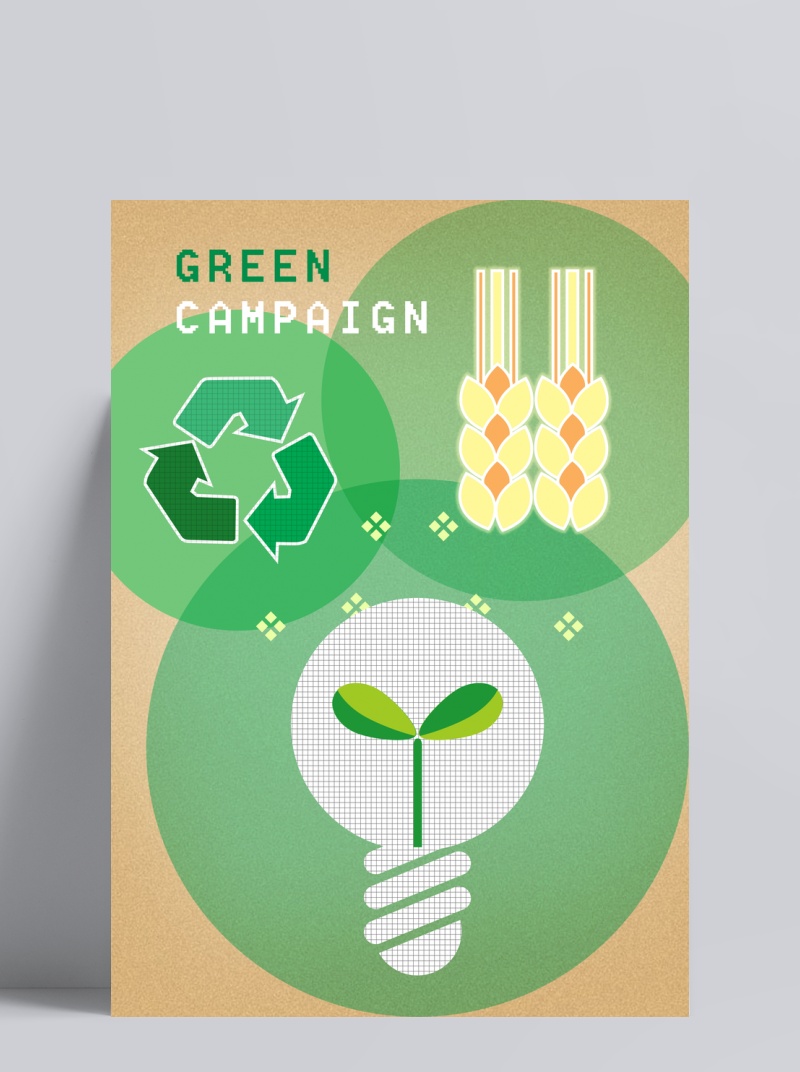 绿色圆形里的回收标志麦穗和灯泡插画psd素材