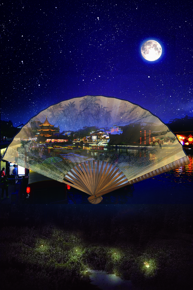 明月星光古镇夜景旅游背景设计