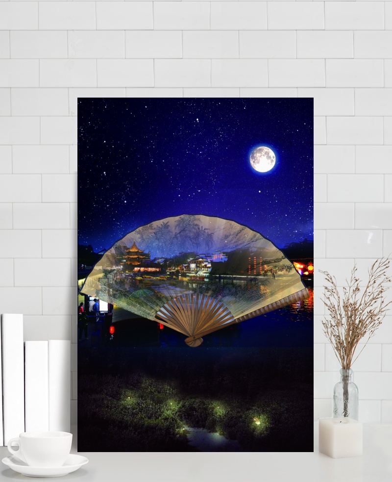 明月星光古镇夜景旅游背景设计