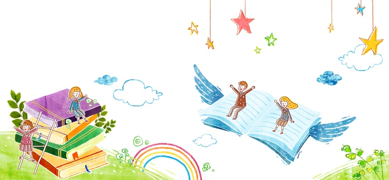 插画—草地上的书本和空中书本上的儿童psd素材