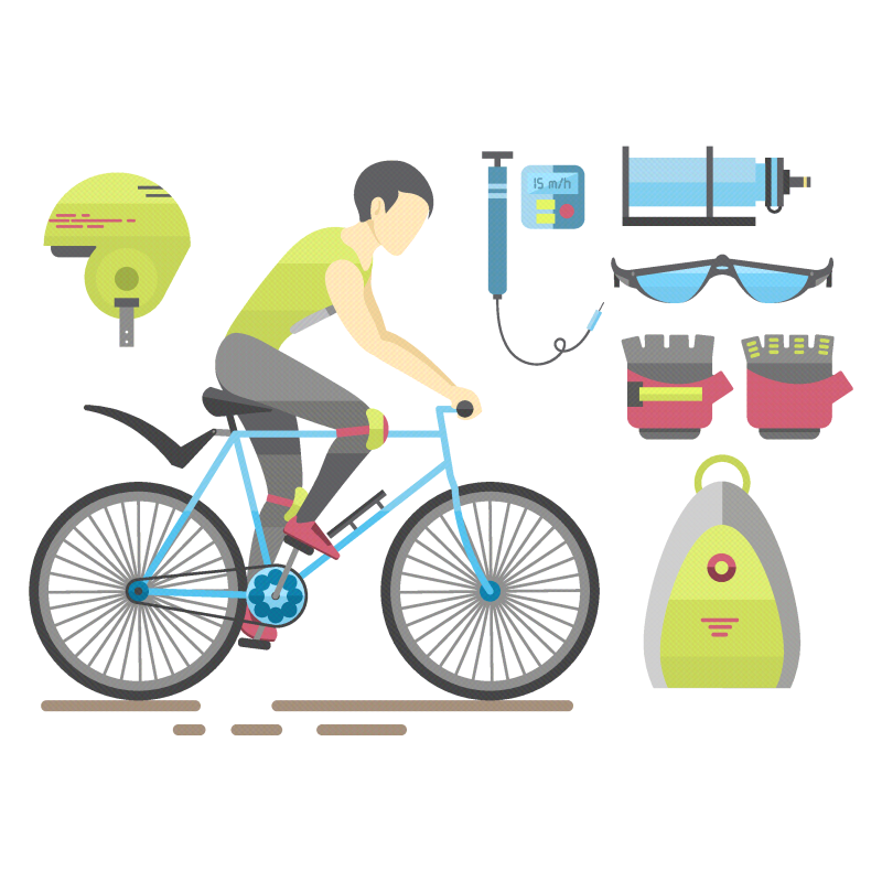 扁平化骑自行车的卡通人物和设备图标矢量素材