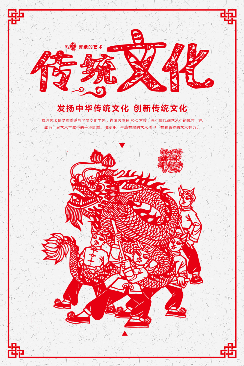 中国风传统文化舞狮剪纸海报背景模板