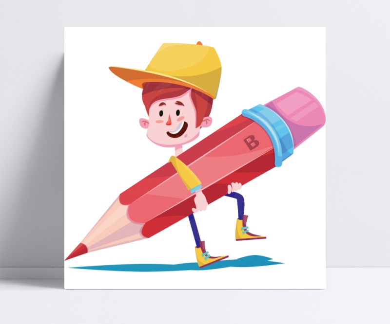 拿着巨型铅笔的小男孩手绘卡通