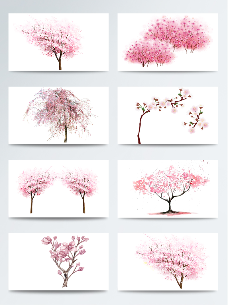 清新风格红褐色树枝樱花装饰元素