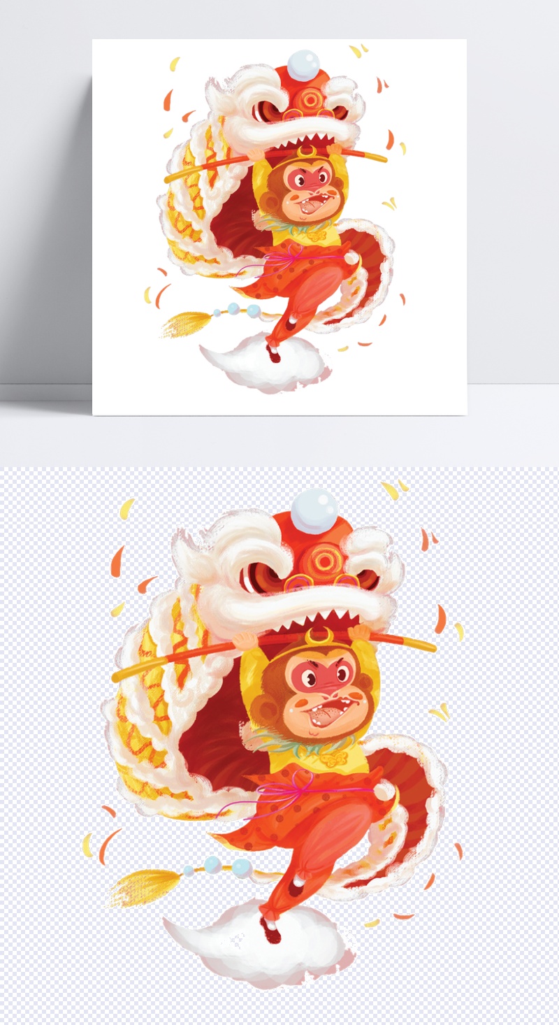 红色中国风节日舞狮装饰
