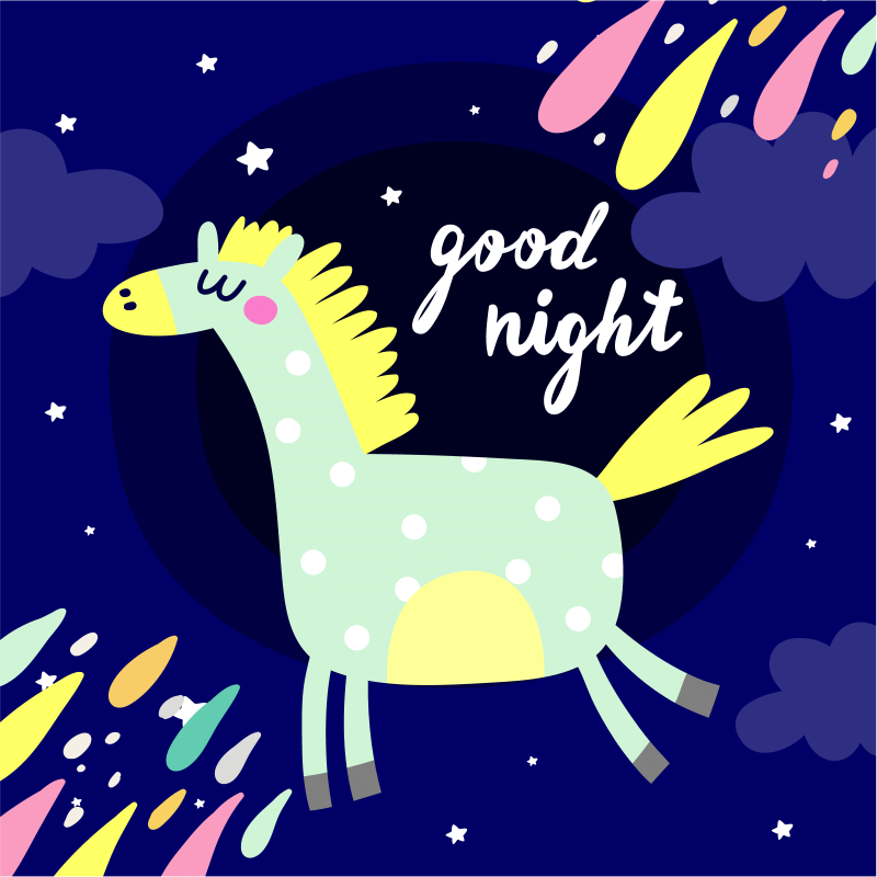 卡通可爱儿童动物小马晚安抱枕图案设计矢量图