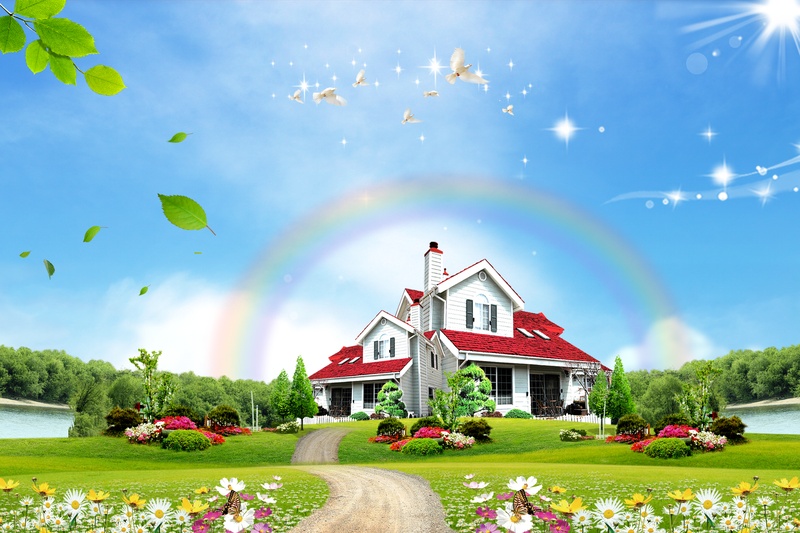 彩虹房子自然风景背景素材