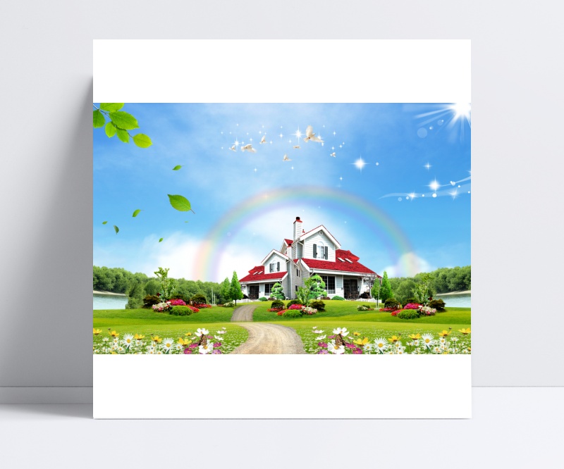 彩虹房子自然风景背景素材