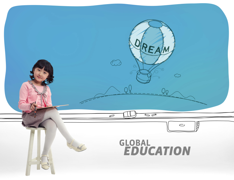 翘腿坐在凳子上的小女孩和插画热气球PSD素材