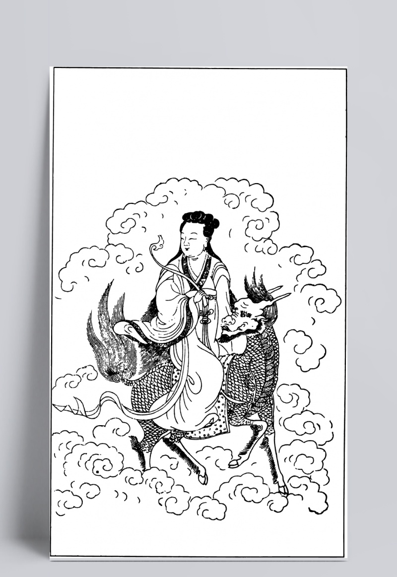 古代人物白描图谱-云纹中的骑着神兽的女子