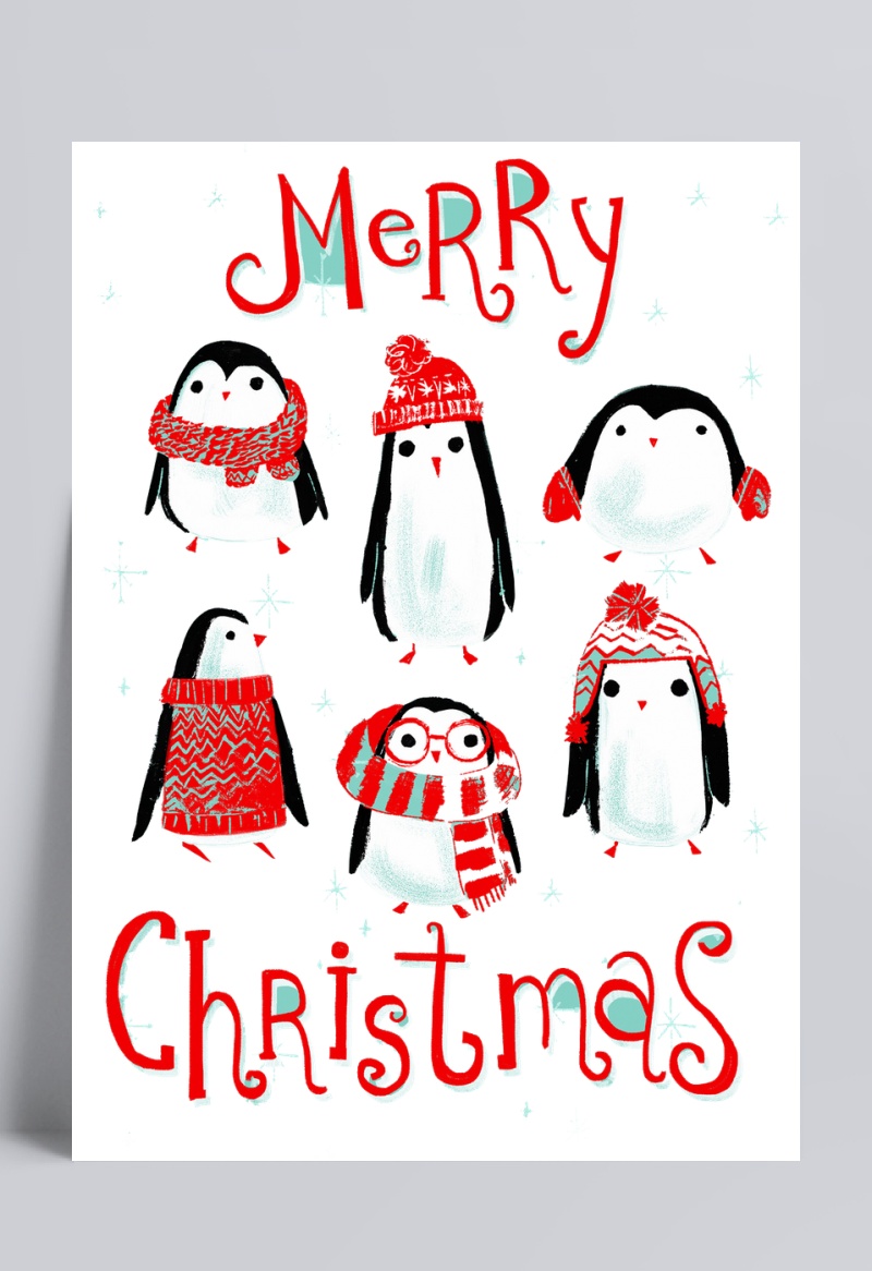 手绘企鹅圣诞贺卡