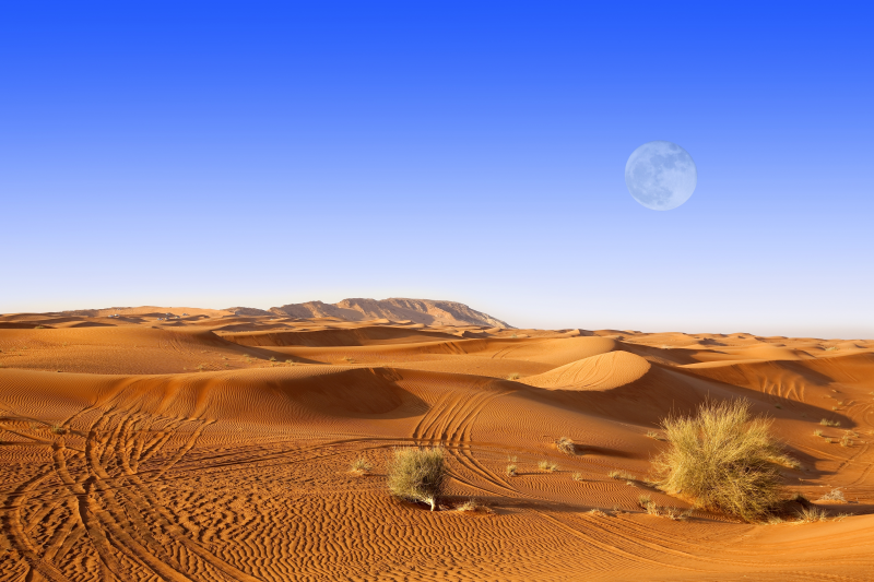 当前素材沙漠风光与挂在空中的月亮高清图片
