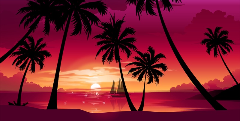 大海黄昏椰子树剪影风景漫画