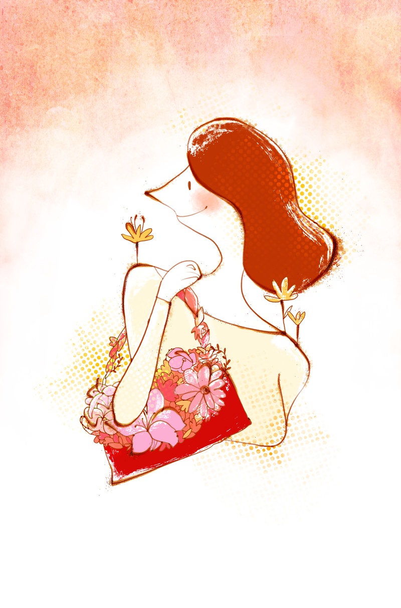 漫画美女手绘鲜花印刷背景