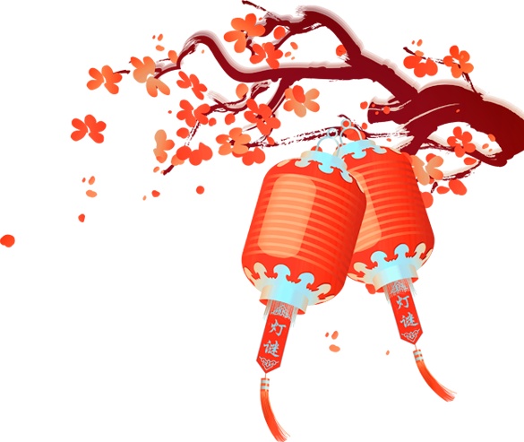红色桃树映衬下的红色新春灯笼