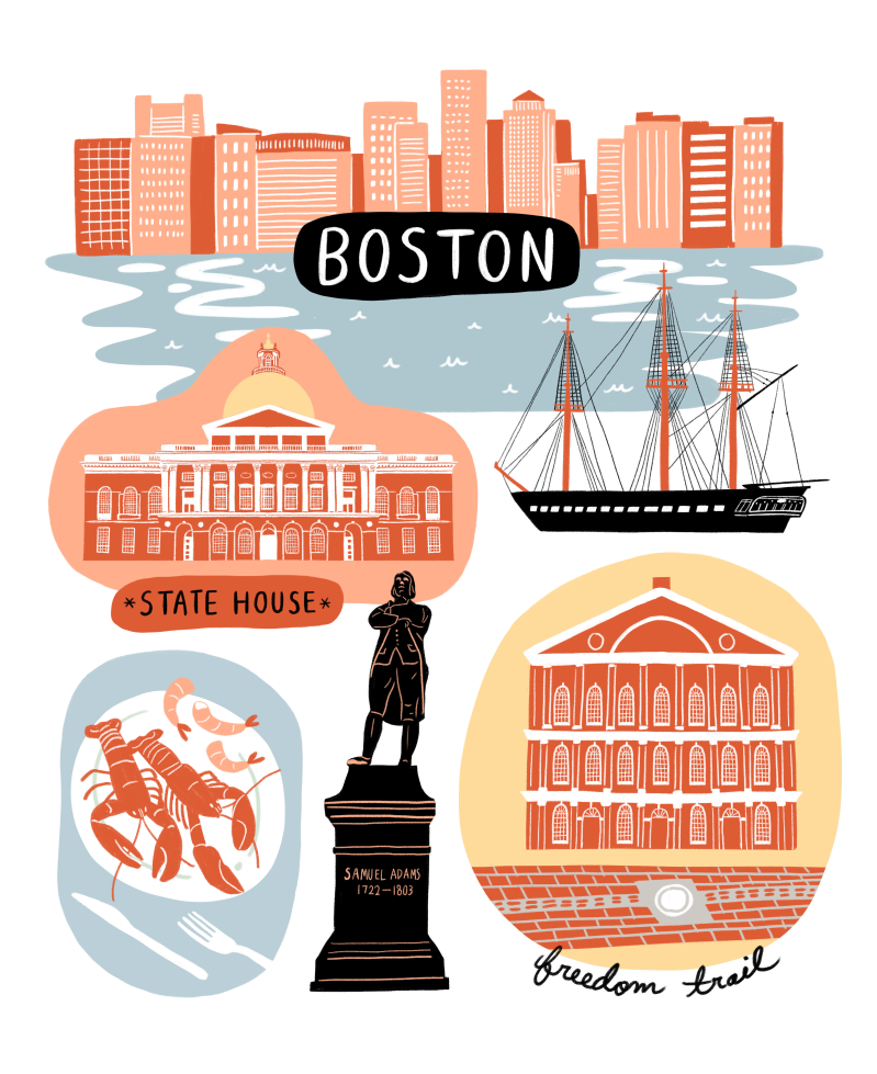 美国都市_波士顿_地标美食_旅游插图插画PSD04