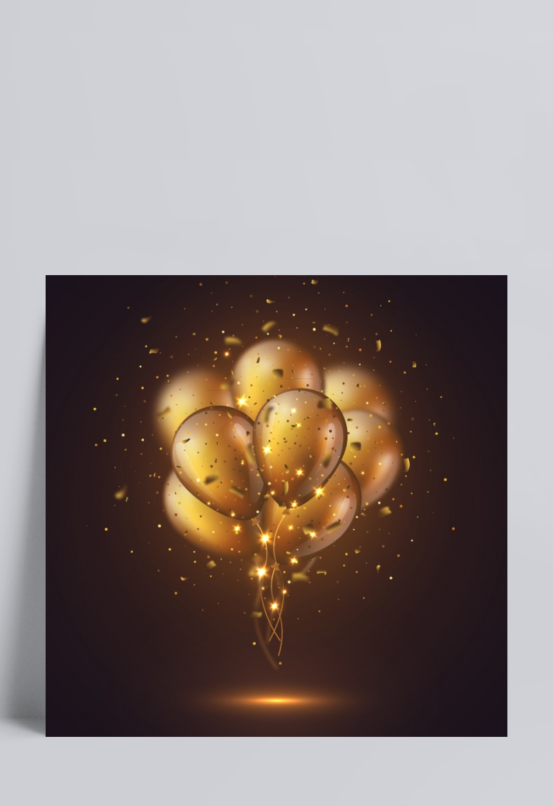 金色气球束和纸屑矢量图