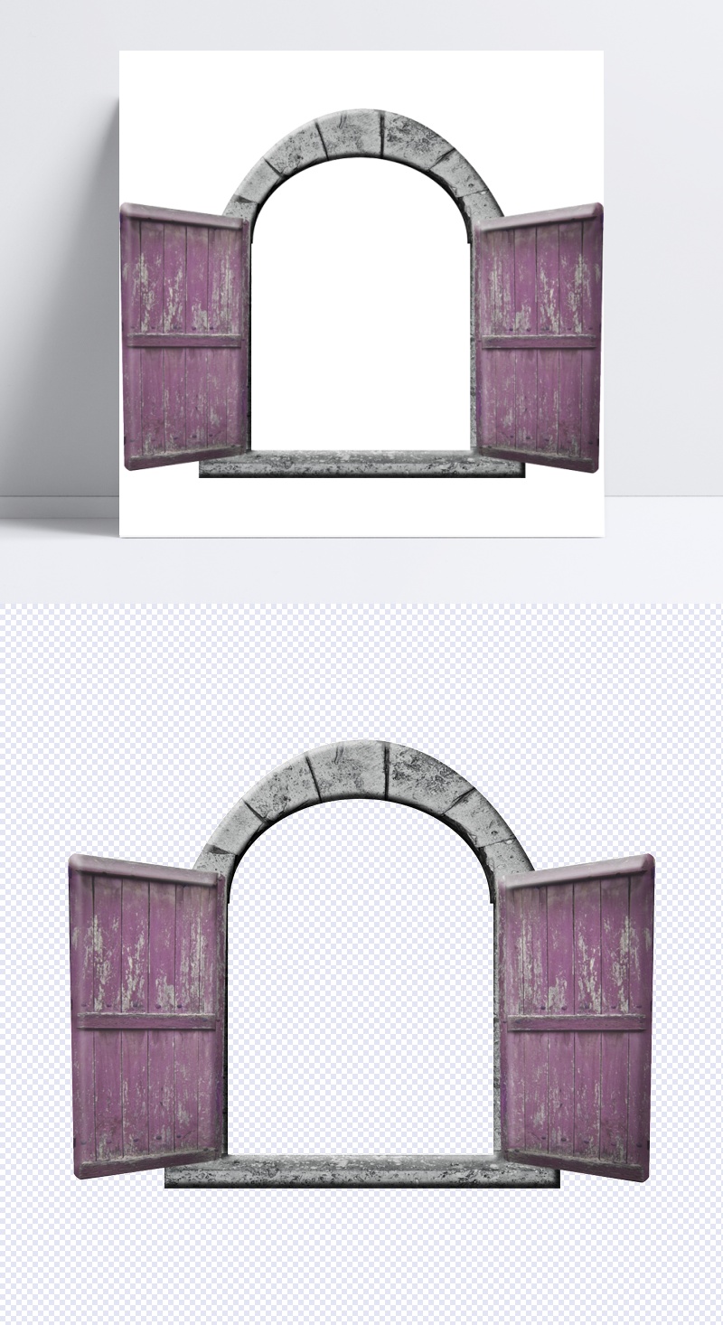 紫色拱形木质窗户PNG元素