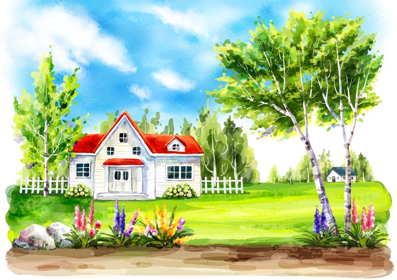 草地上的红色房子卡通插画