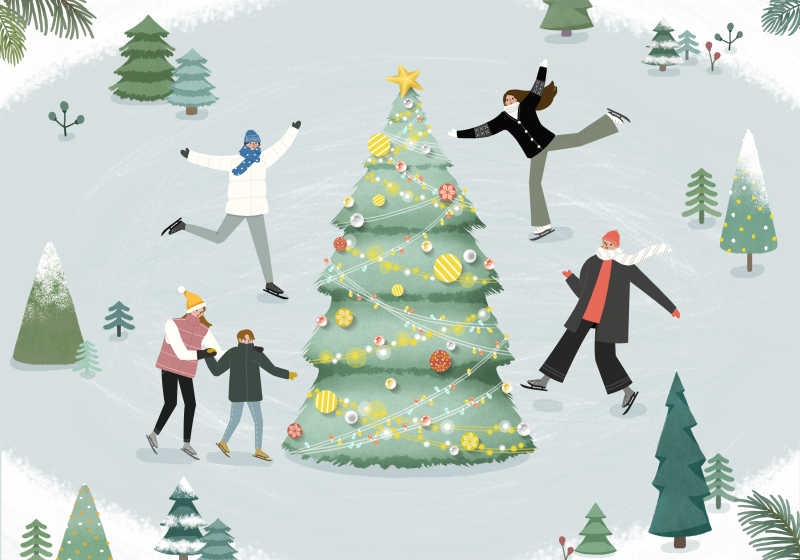 冬季圣诞节插图滑冰ps插画素材