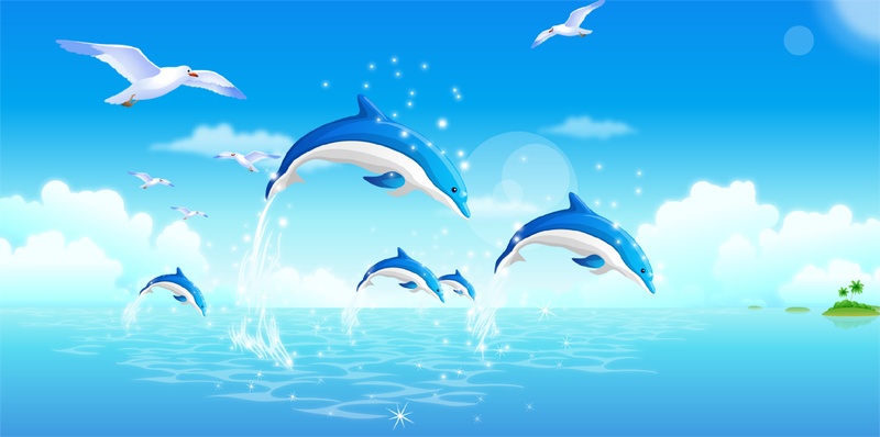 蓝天白云大海玩耍的海豚时尚风景插画