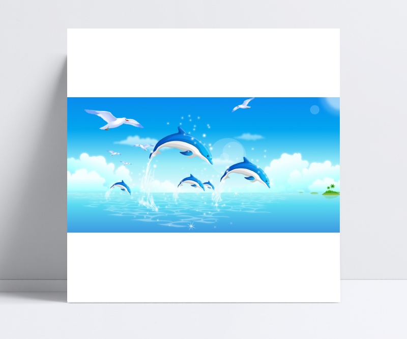 蓝天白云大海玩耍的海豚时尚风景插画