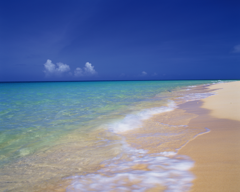 蓝天白云下清澈的海水和沙滩上的水泡