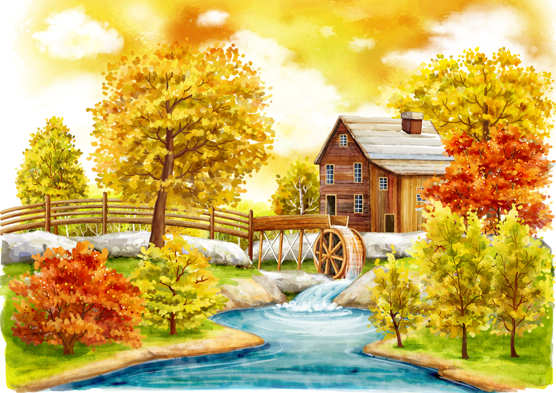 秋天小溪边上的房子