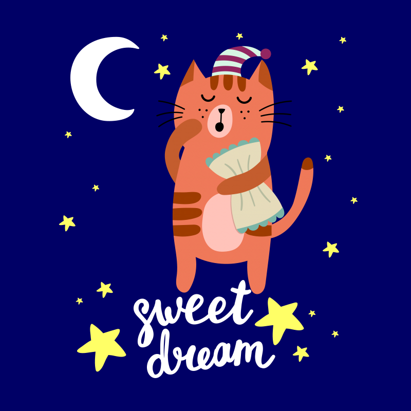 卡通可爱儿童动物花猫晚安抱枕图案设计矢量图