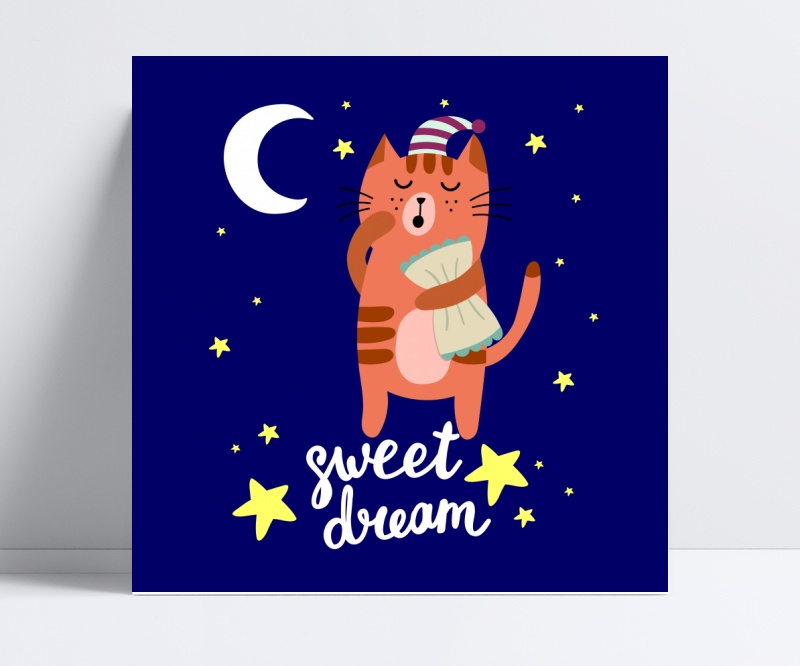 卡通可爱儿童动物花猫晚安抱枕图案设计矢量图