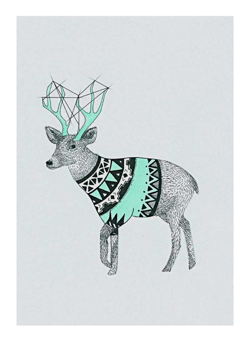 手绘彩绘线条麋鹿动物装饰画